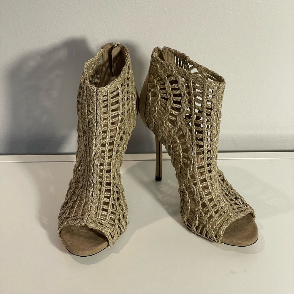 Zara Tan Braided Crochet Open Toe Stiletto Heel Zip Ankle Bootie Sz 39 US 8